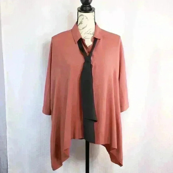 Zara Trafaluc Collection size S rust color short sleeve w/tie neck button down - Picture 1 of 11